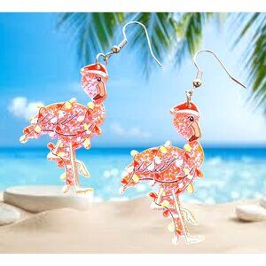 Christmas Flamingo Earrings New Santa Hat Holiday Lights Glitter Accents…